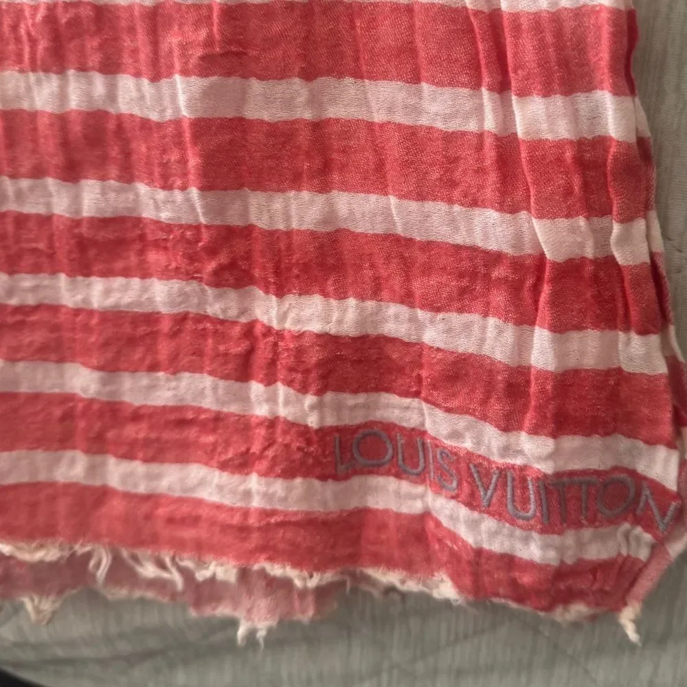 Auth Ltd Edition Louis Vuitton Red White Striped LV Monogram Scarf Shawl Wrap